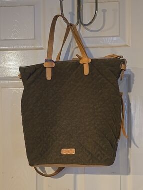 Consuela Taylor Sling Quilted Olive Green Tote with Tan Leather Trim